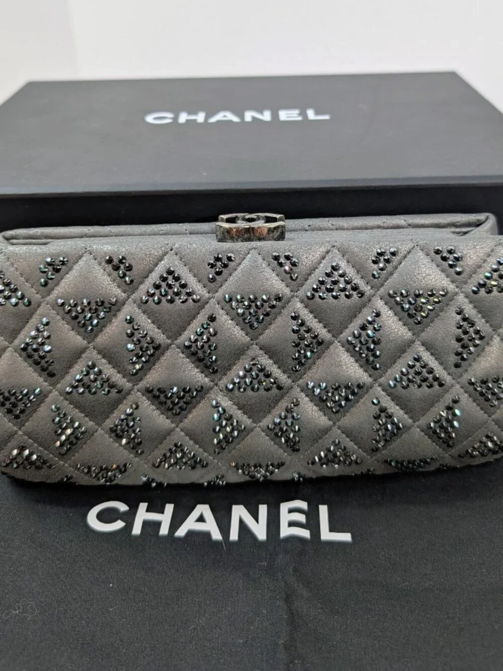 Chanel Timeless Grey Crystal-Studded Suede Diamond-Quilted Clutch